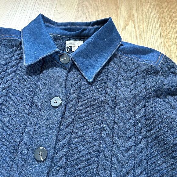 PILCRO anthropologie peplum cable cardigan collared sweater jacket navy size XL - Picture 10 of 14